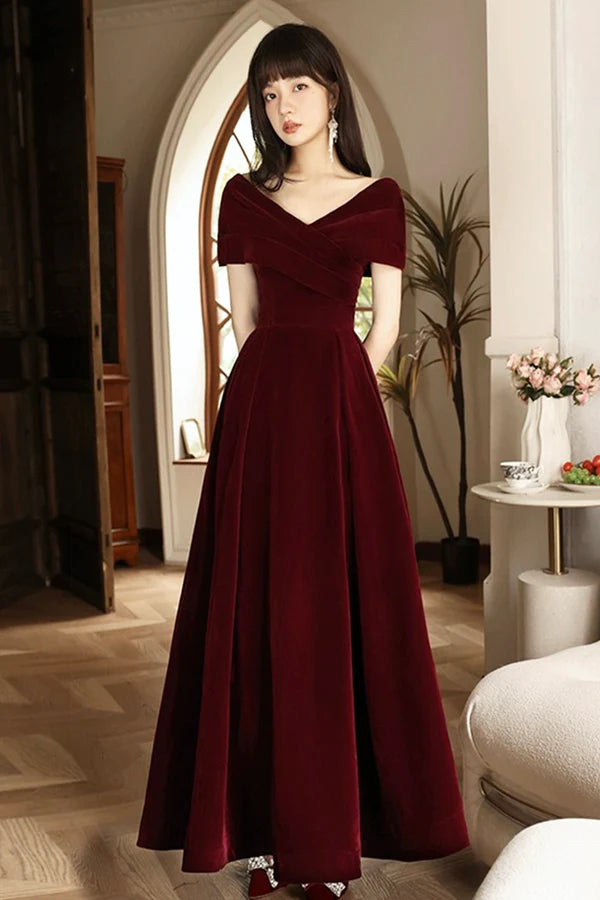Wholesale Burgundy V-Neck Velvet Floor Length Prom Dress Off the Shoulder Evening Party Dress